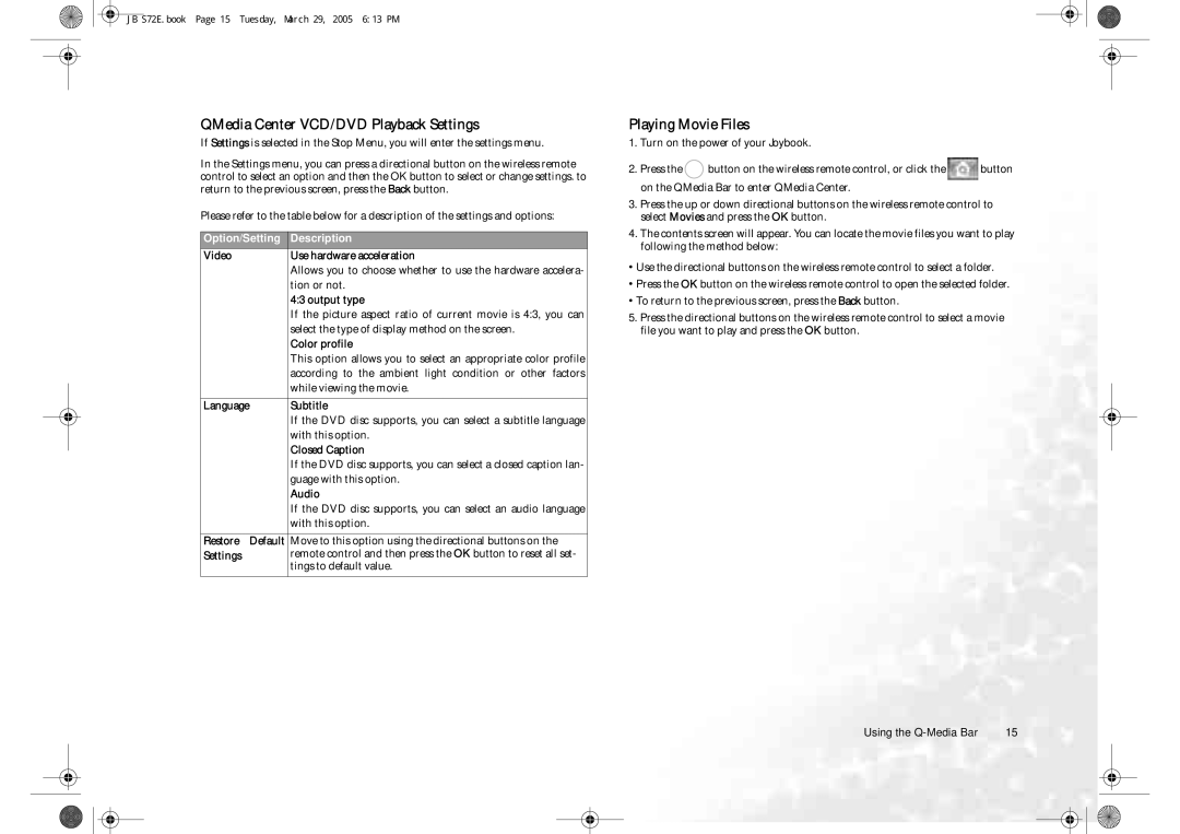 BenQ S72 user manual QMedia Center VCD/DVD Playback Settings, Playing Movie Files 