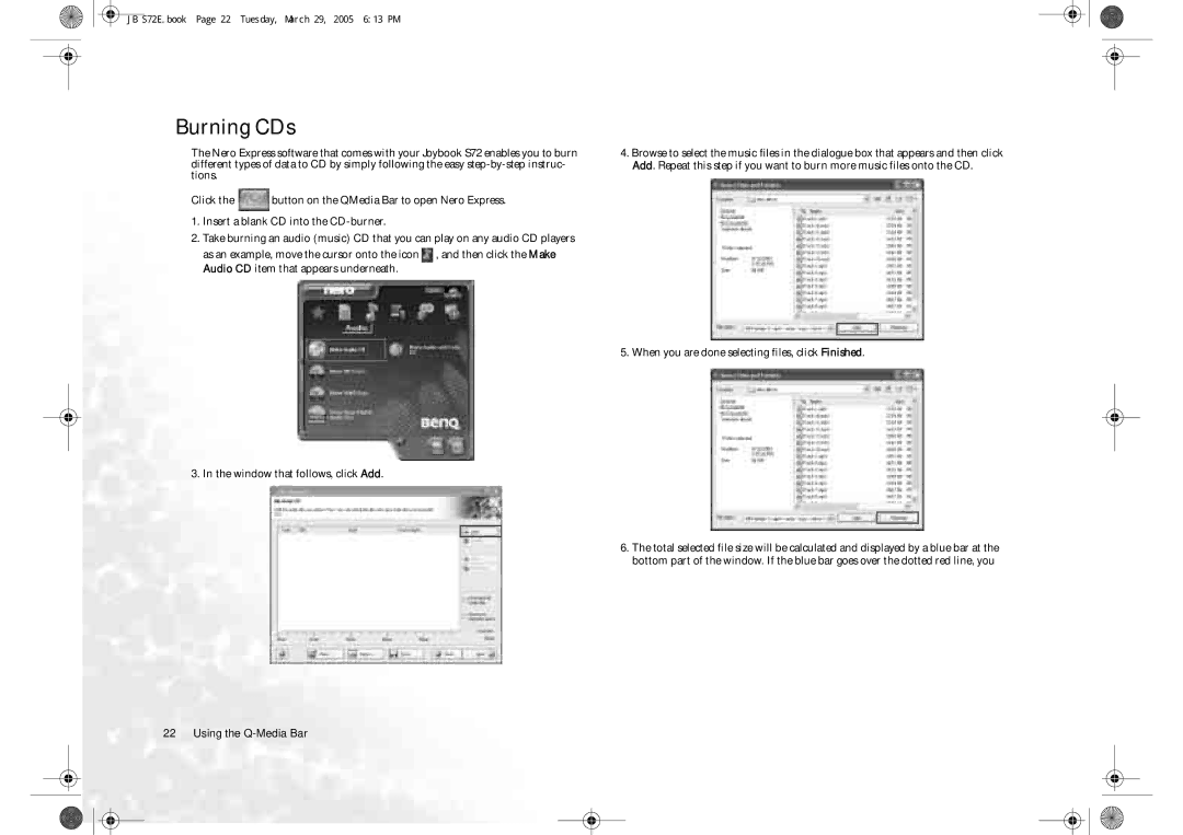 BenQ S72 user manual Burning CDs, When you are done selecting files, click Finished 