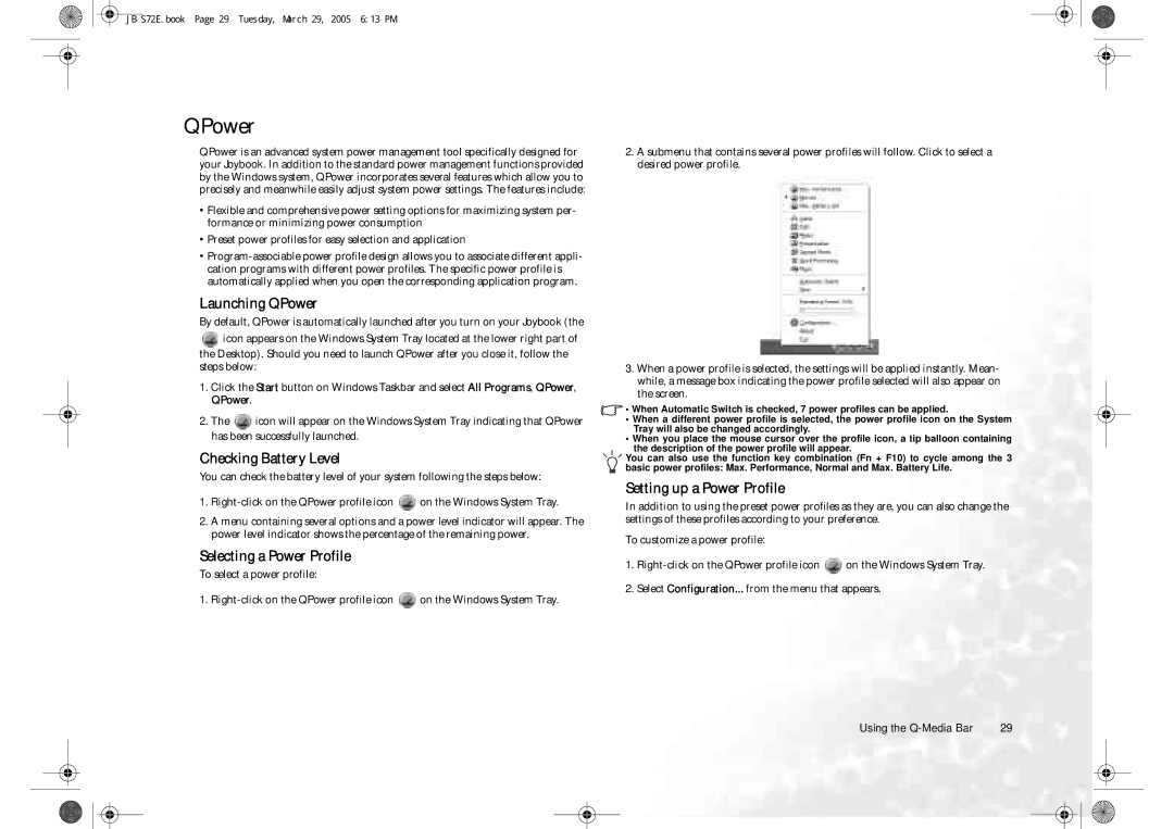 BenQ S72 user manual Launching QPower, Checking Battery Level, Selecting a Power Profile, Setting up a Power Profile 