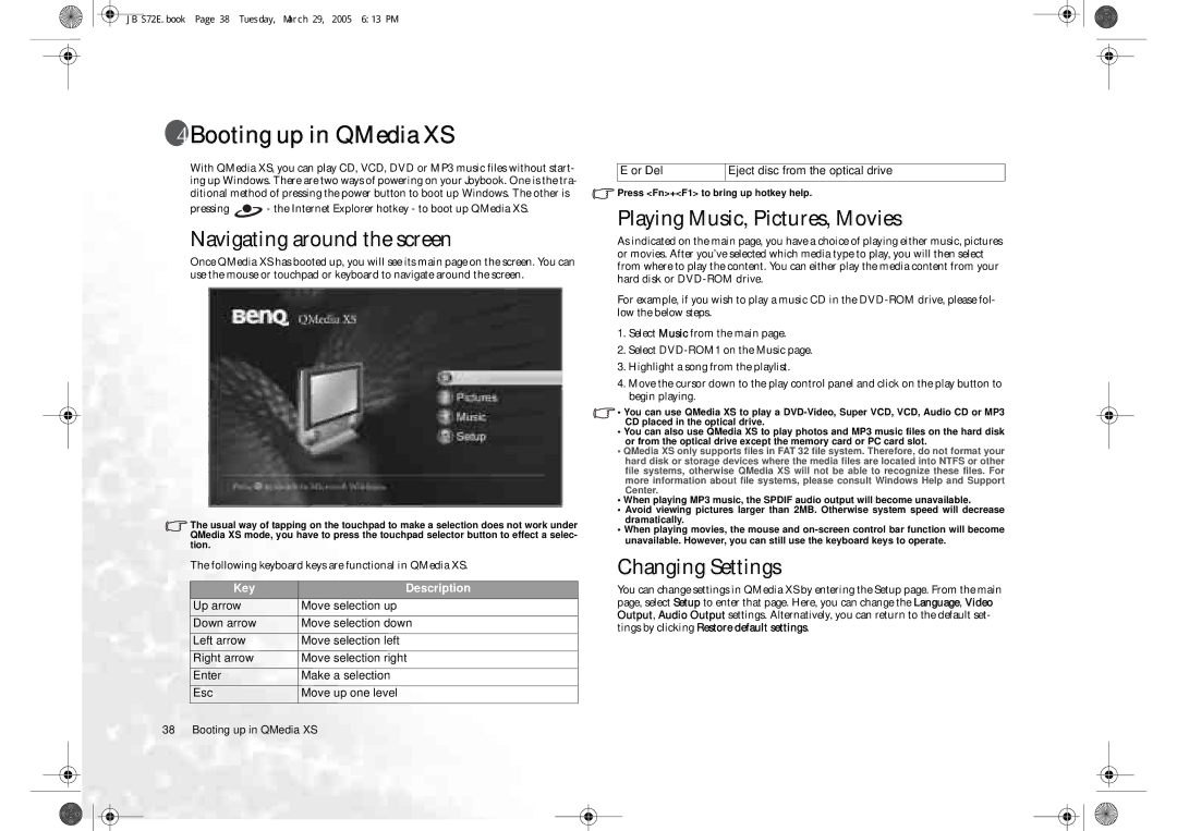 BenQ S72 Booting up in QMedia XS, Navigating around the screen, Playing Music, Pictures, Movies, Changing Settings 