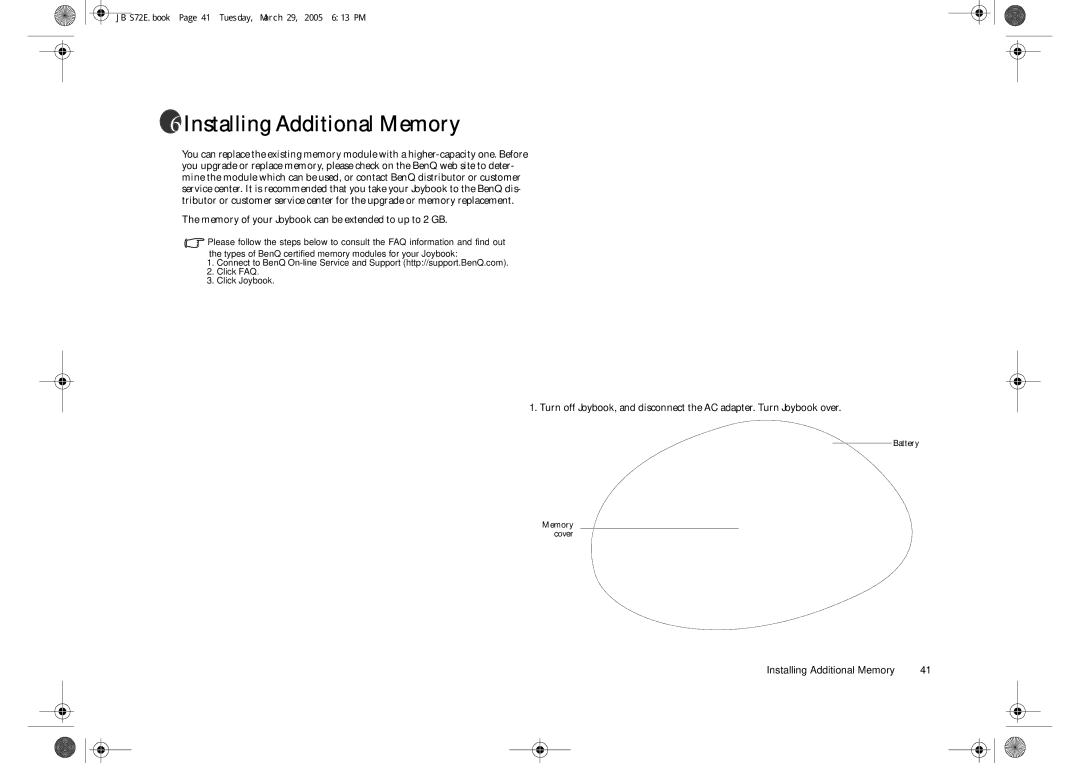 BenQ S72 user manual Installing Additional Memory, Memory of your Joybook can be extended to up to 2 GB 