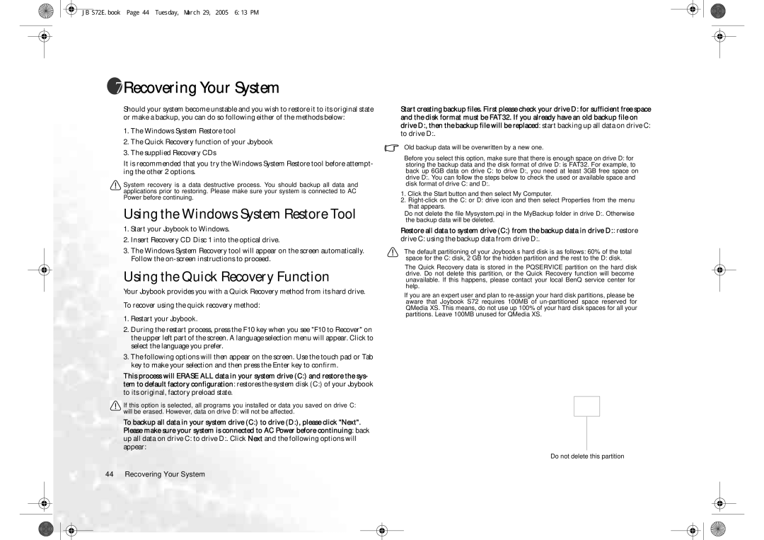 BenQ S72 user manual Recovering Your System, Using the Windows System Restore Tool, Using the Quick Recovery Function 