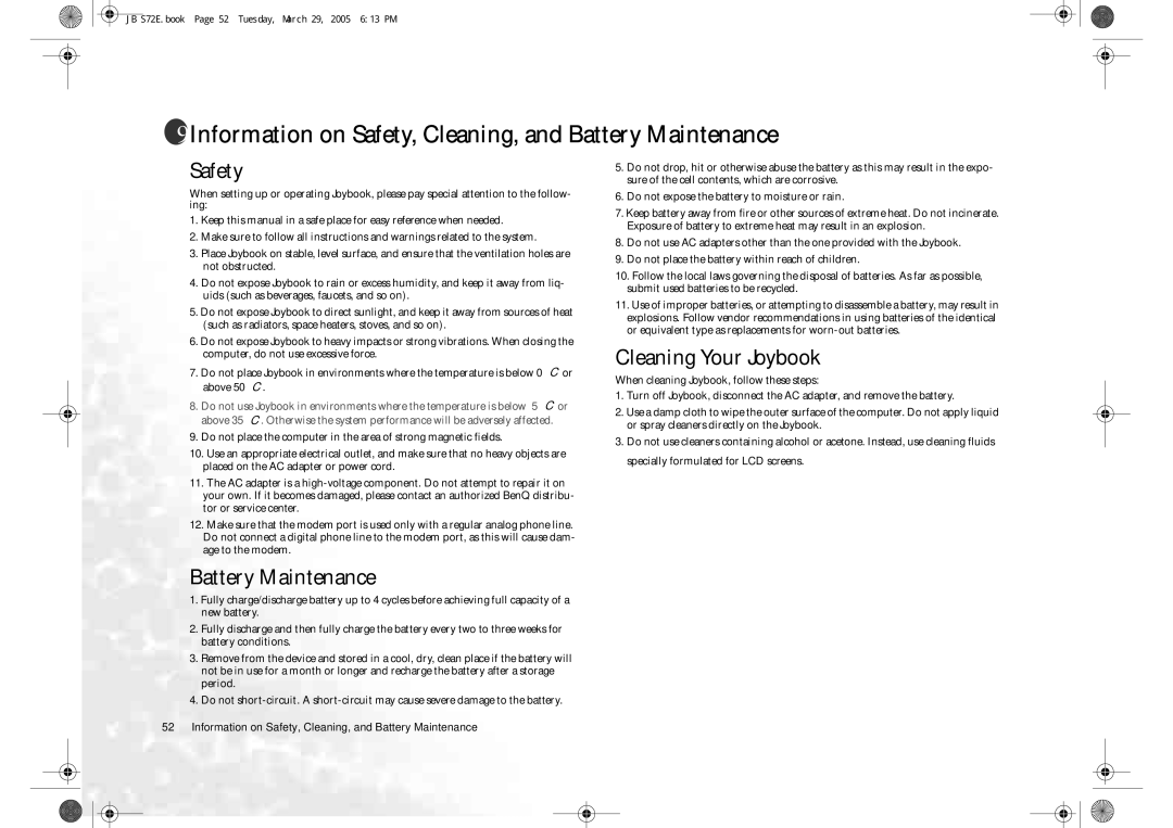 BenQ S72 user manual Information on Safety, Cleaning, and Battery Maintenance, Cleaning Your Joybook 