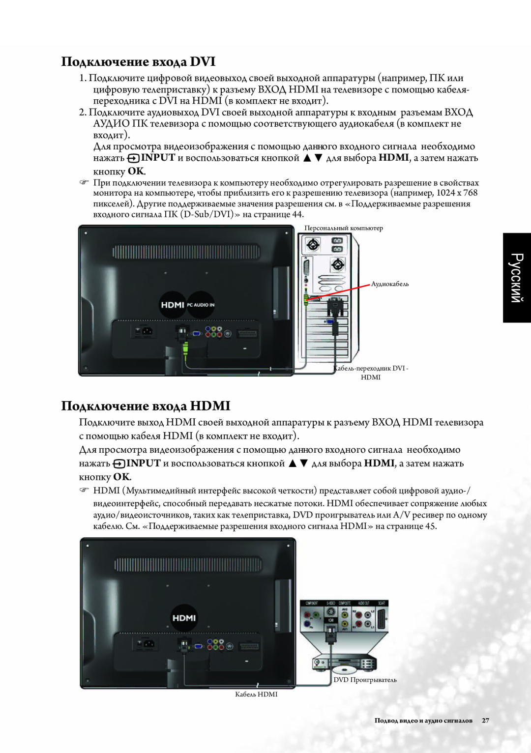 BenQ SE2241 manual Подключение входа DVI, Подключение входа Hdmi 