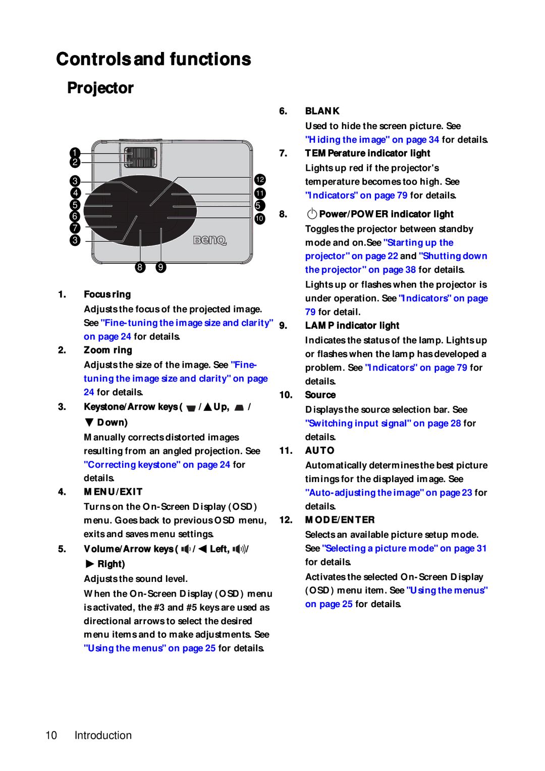 BenQ SH910 user manual Controls and functions, Projector 