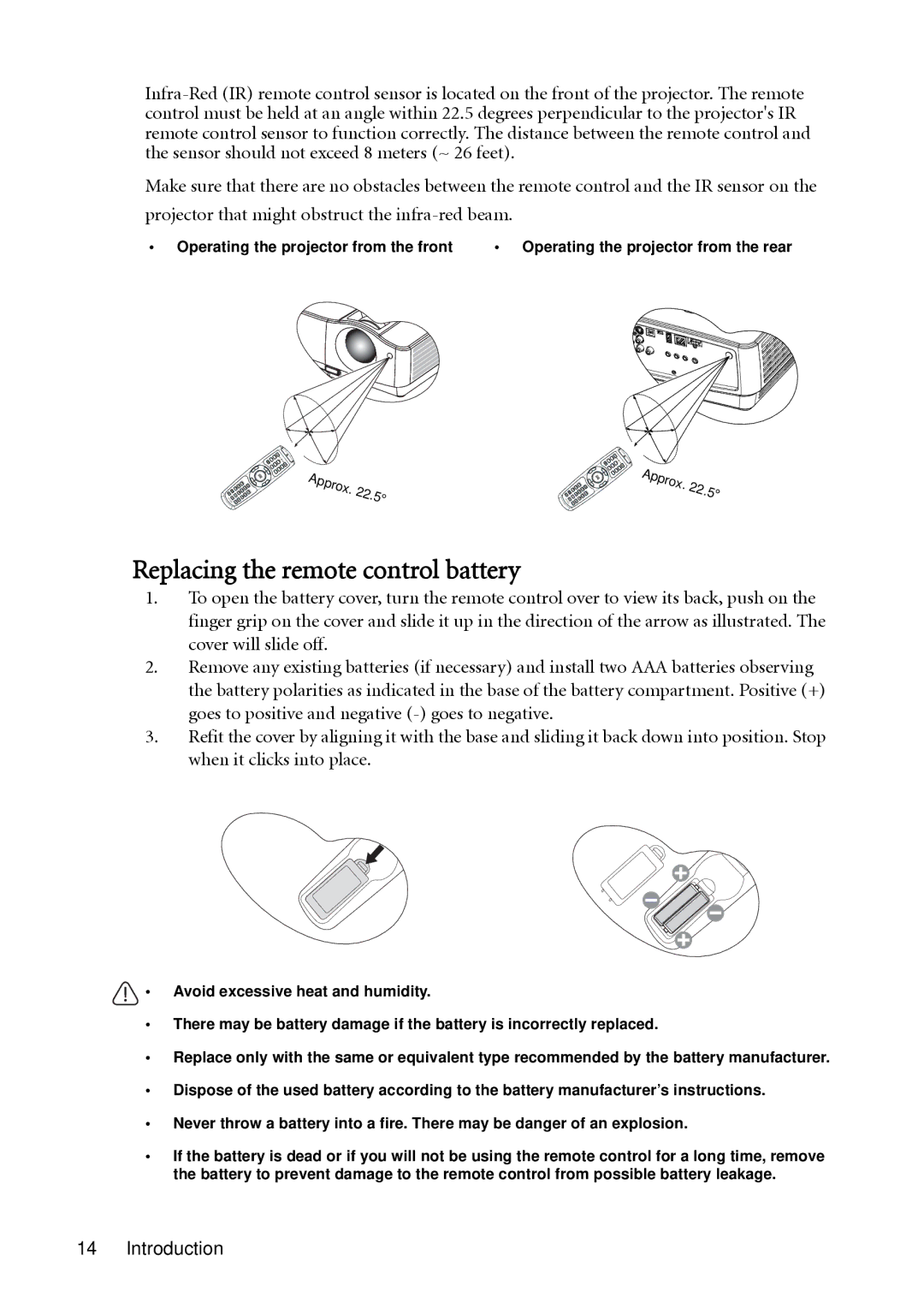 BenQ SH910 user manual Replacing the remote control battery 