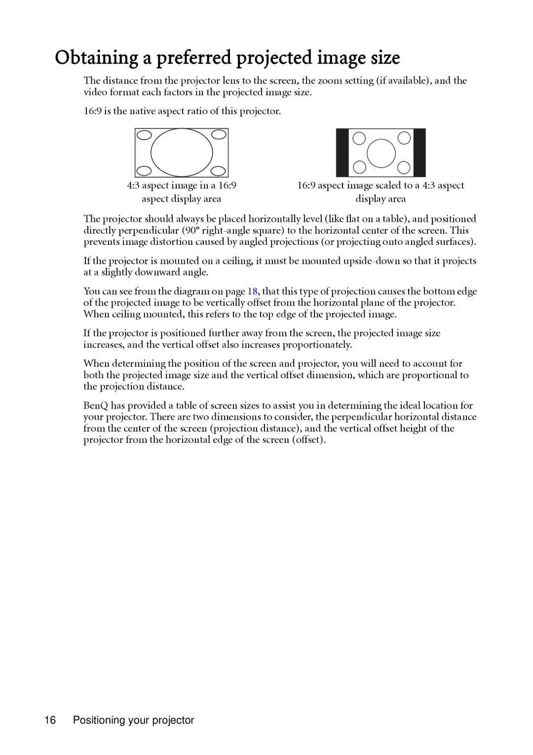 BenQ SH910 user manual Obtaining a preferred projected image size 