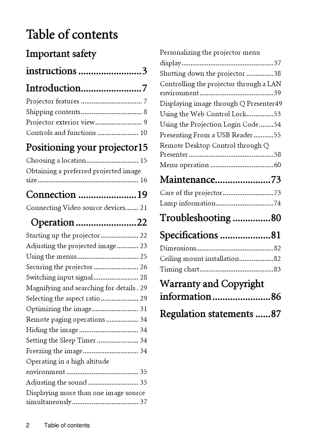 BenQ SH910 user manual Table of contents 