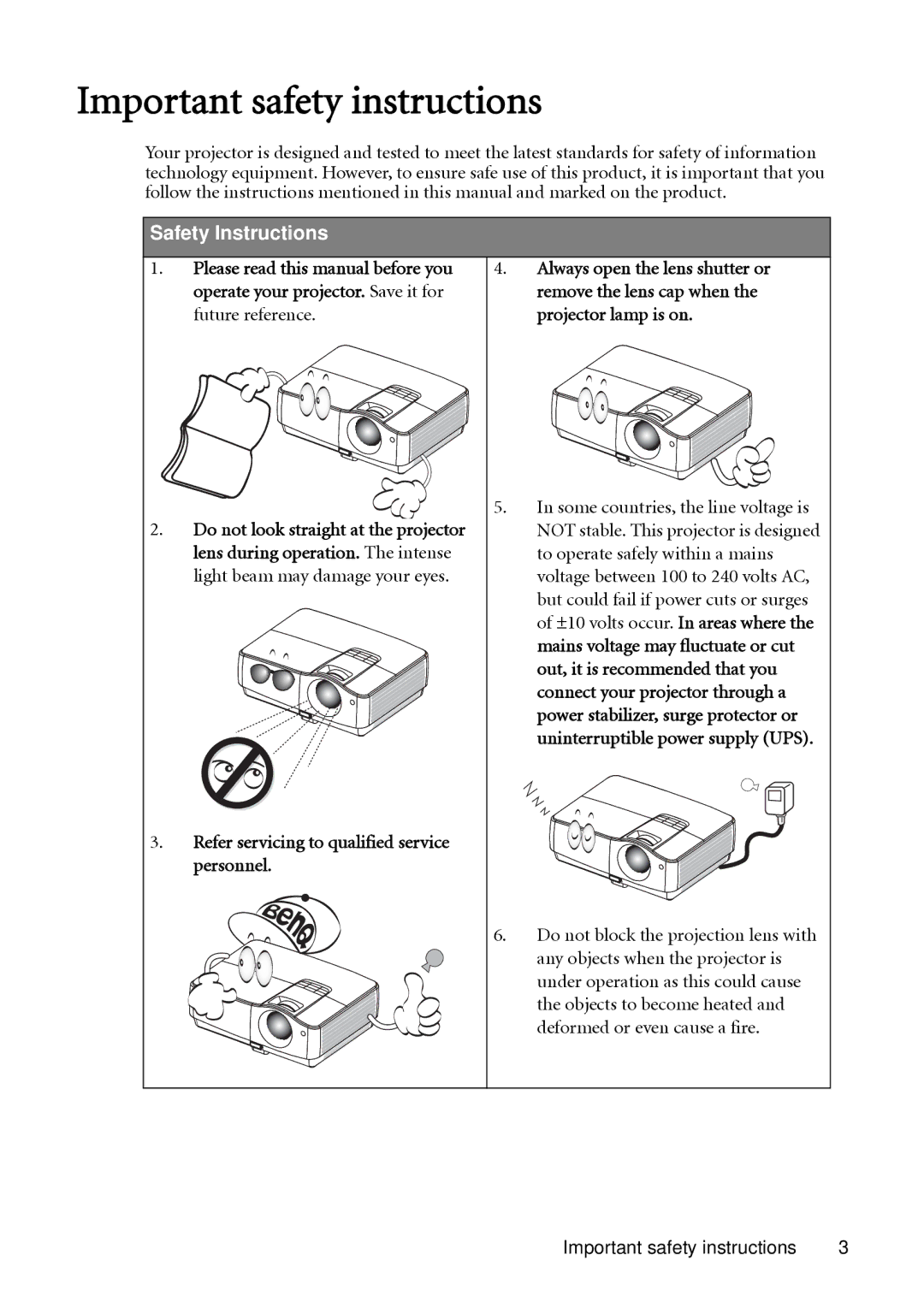 BenQ SH910 user manual Important safety instructions 