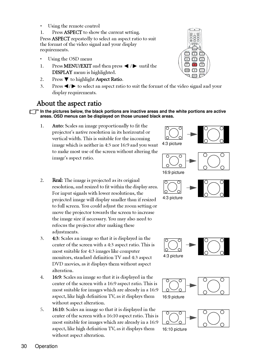 BenQ SH910 user manual About the aspect ratio 