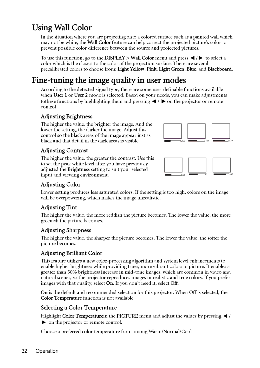 BenQ SH910 user manual Using Wall Color, Fine-tuning the image quality in user modes 