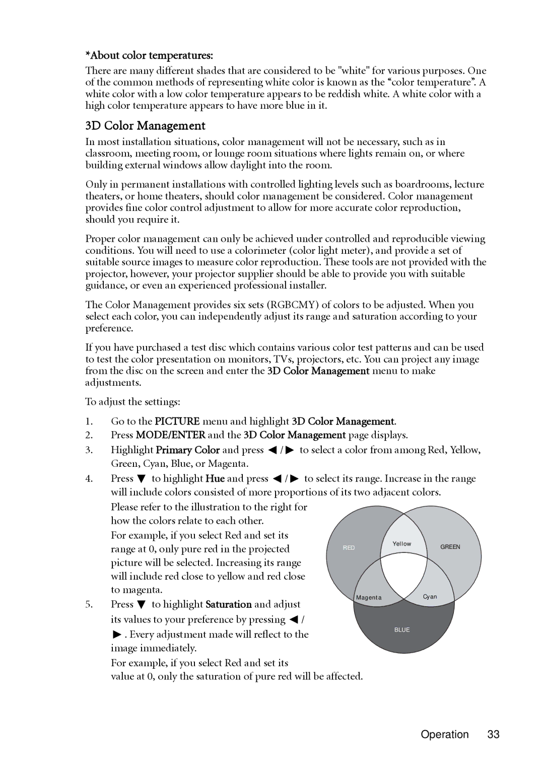 BenQ SH910 user manual About color temperatures, Press MODE/ENTER and the 3D Color Management page displays 