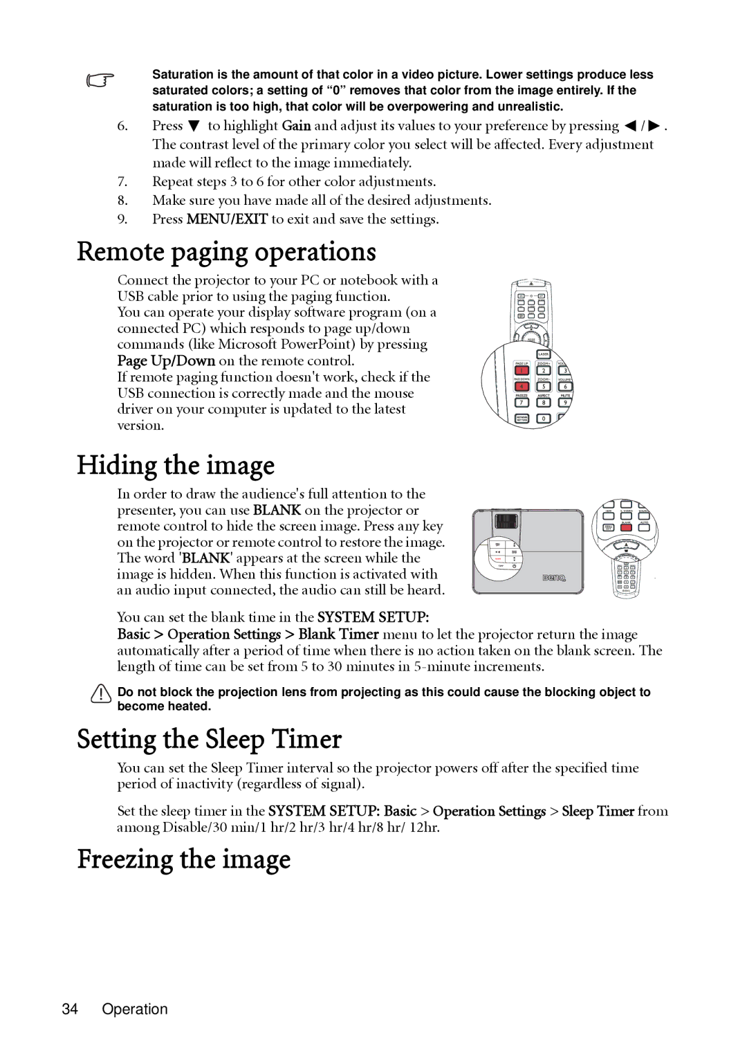 BenQ SH910 user manual Remote paging operations, Hiding the image, Setting the Sleep Timer, Freezing the image 