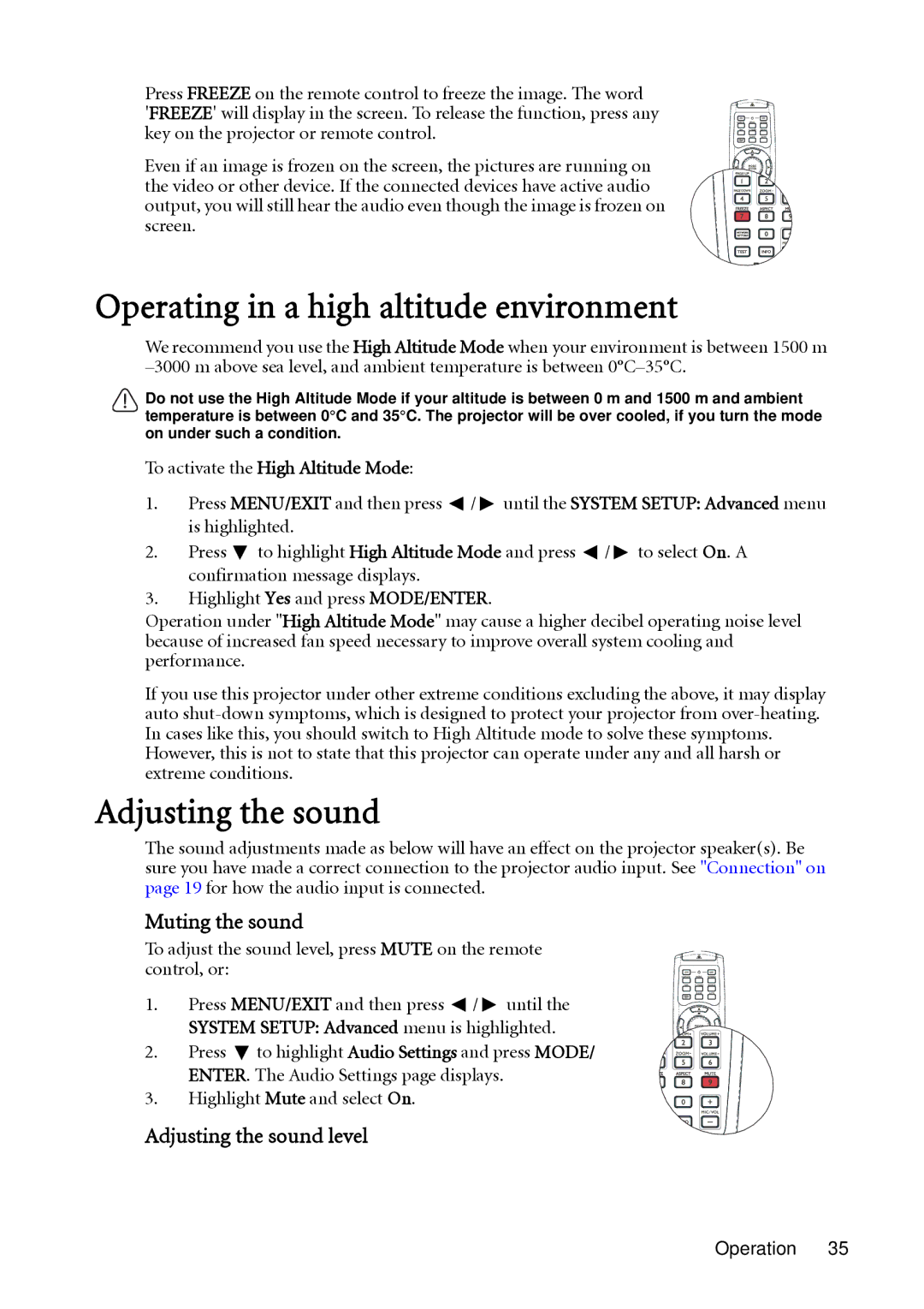 BenQ SH910 user manual Operating in a high altitude environment, Muting the sound, Adjusting the sound level 