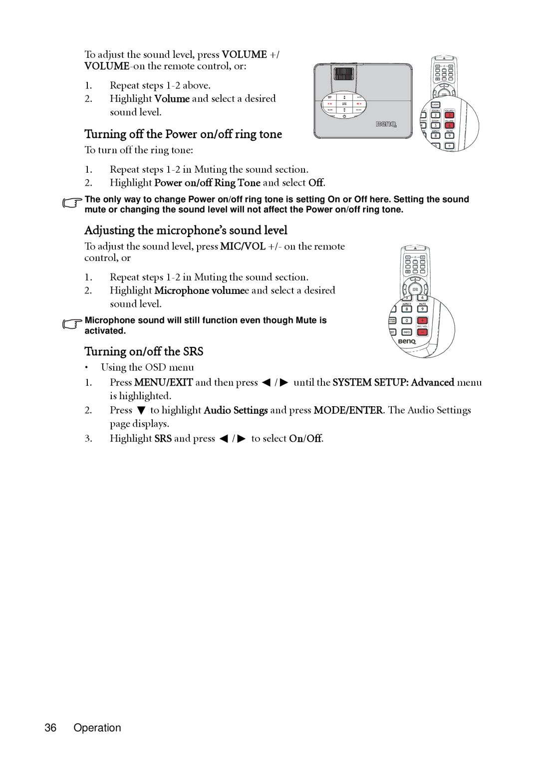 BenQ SH910 Turning off the Power on/off ring tone, Adjusting the microphone’s sound level, Turning on/off the SRS 