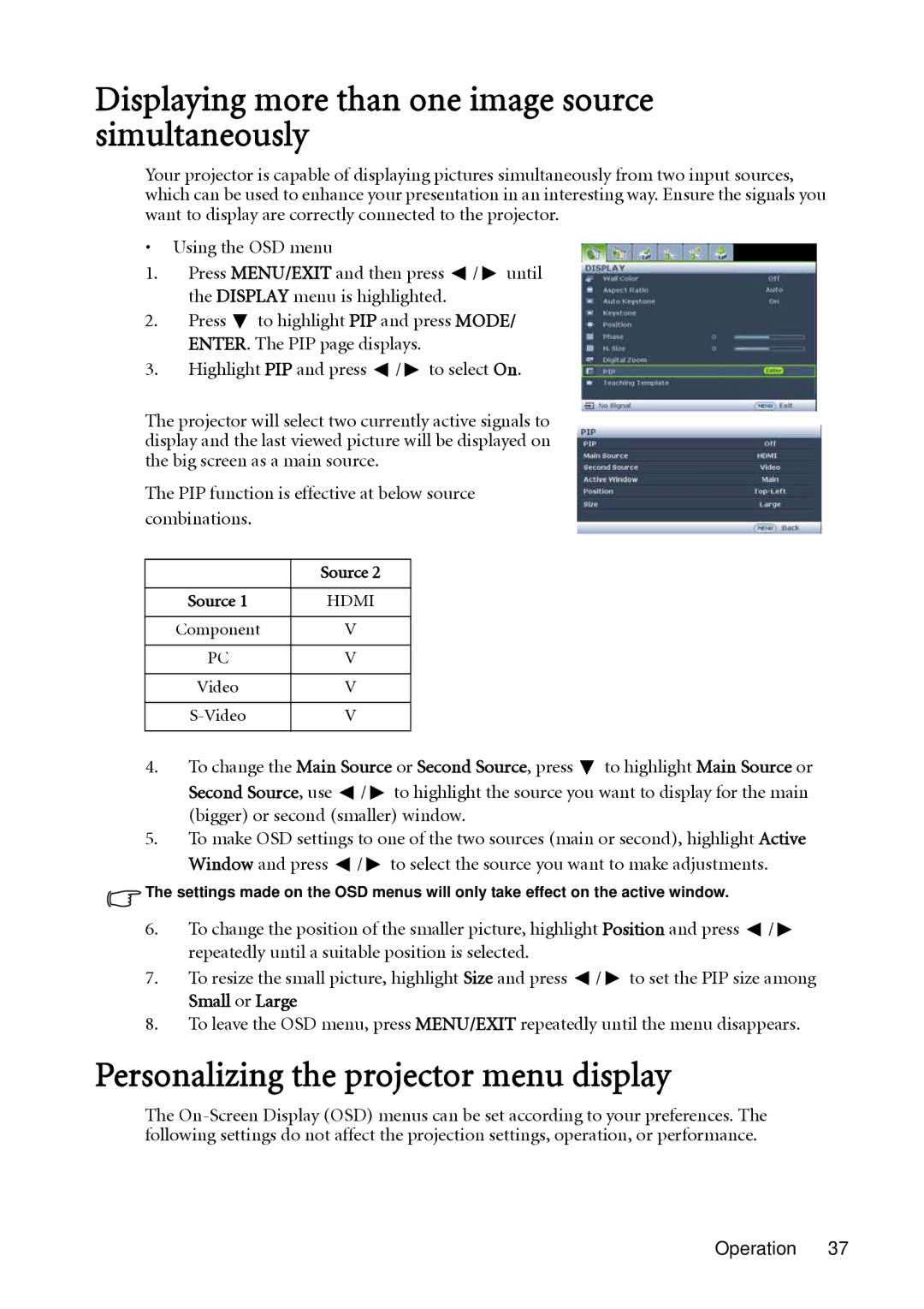 BenQ SH910 user manual Displaying more than one image source simultaneously, Personalizing the projector menu display 