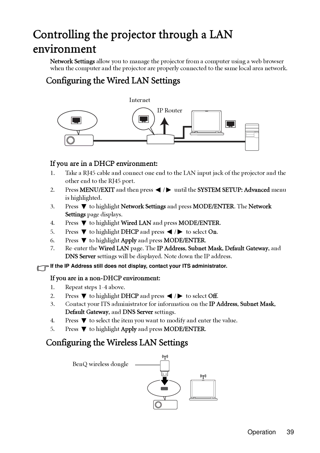 BenQ SH910 user manual Controlling the projector through a LAN environment, Configuring the Wired LAN Settings 