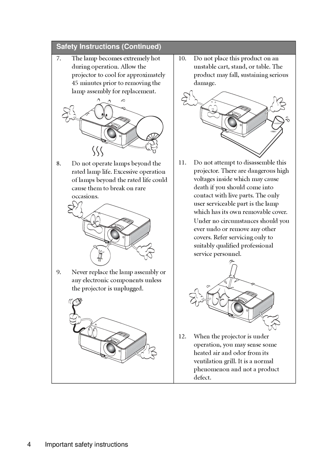 BenQ SH910 user manual Safety Instructions 