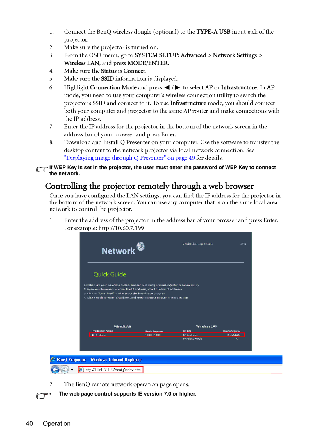 BenQ SH910 user manual Controlling the projector remotely through a web browser 