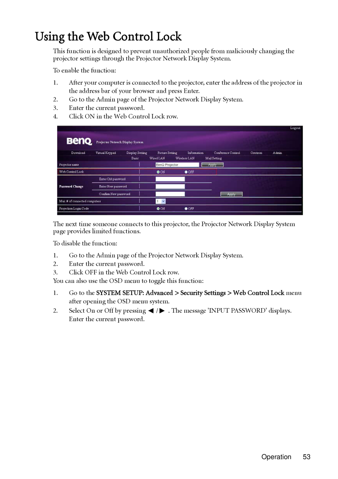 BenQ SH910 user manual Using the Web Control Lock 