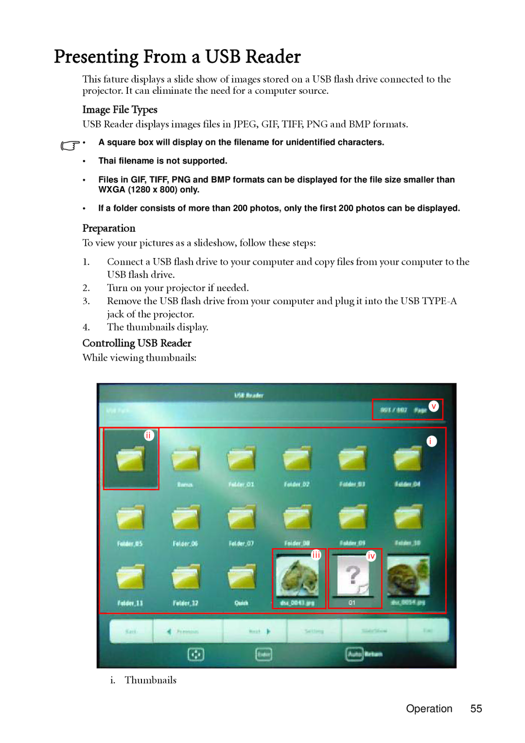 BenQ SH910 user manual Presenting From a USB Reader, Image File Types, Preparation, Controlling USB Reader 