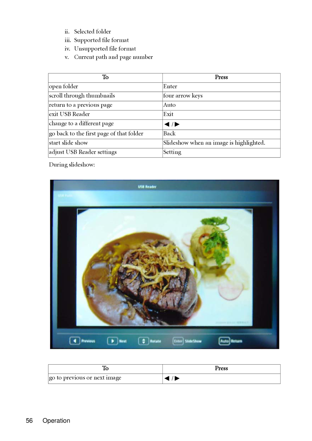 BenQ SH910 user manual Press, Go to previous or next image 