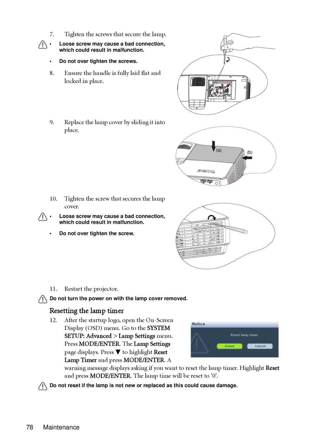 BenQ SH910 user manual Resetting the lamp timer, Tighten the screws that secure the lamp 