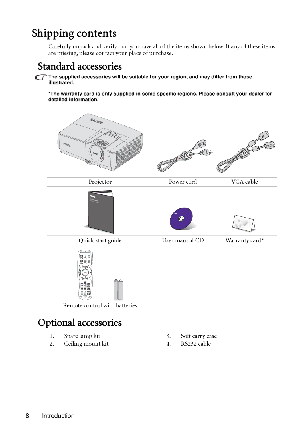 BenQ SH910 user manual Shipping contents 