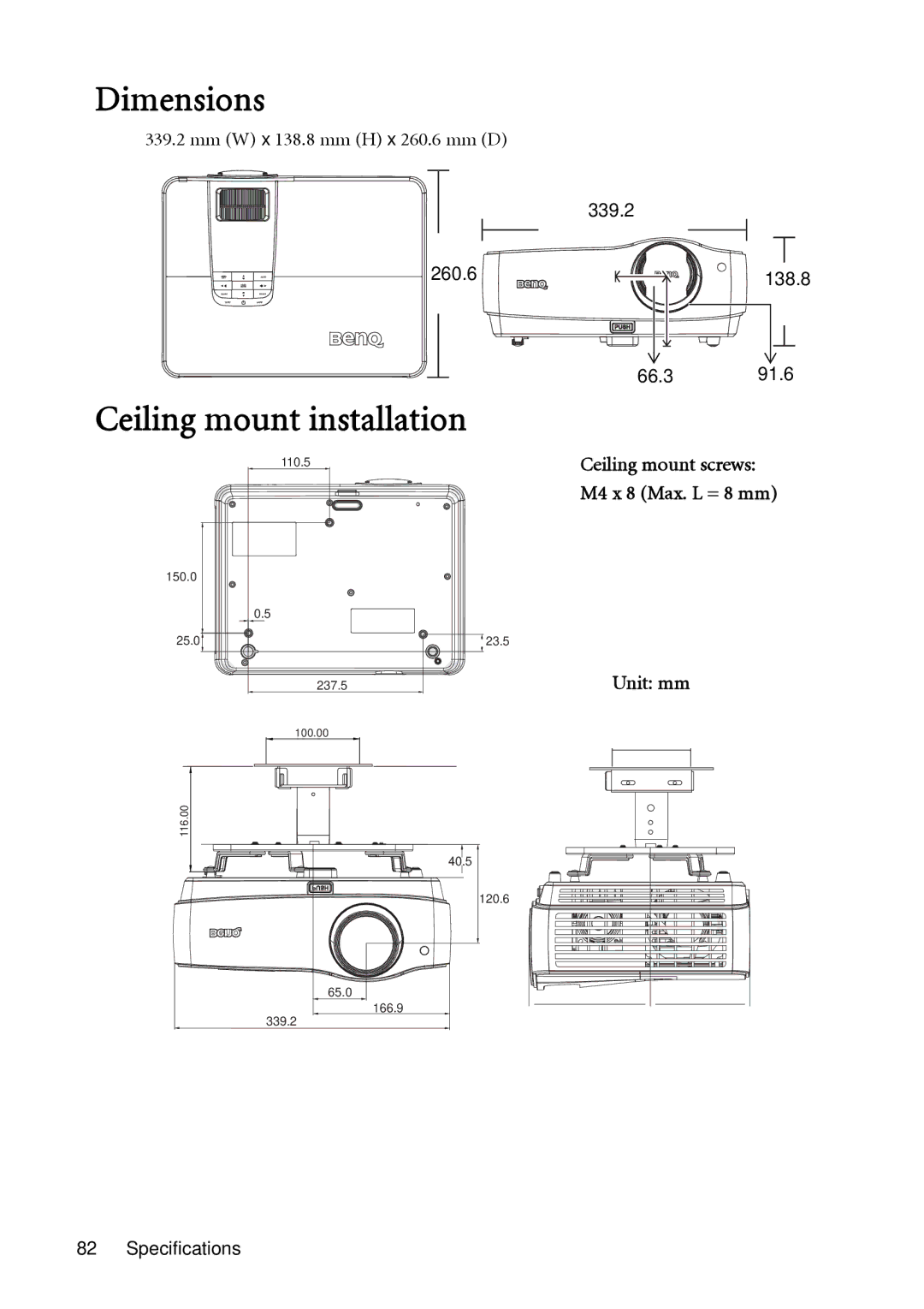 BenQ SH910 user manual Dimensions, Ceiling mount installation, Ceiling mount screws M4 x 8 Max. L = 8 mm Unit mm 