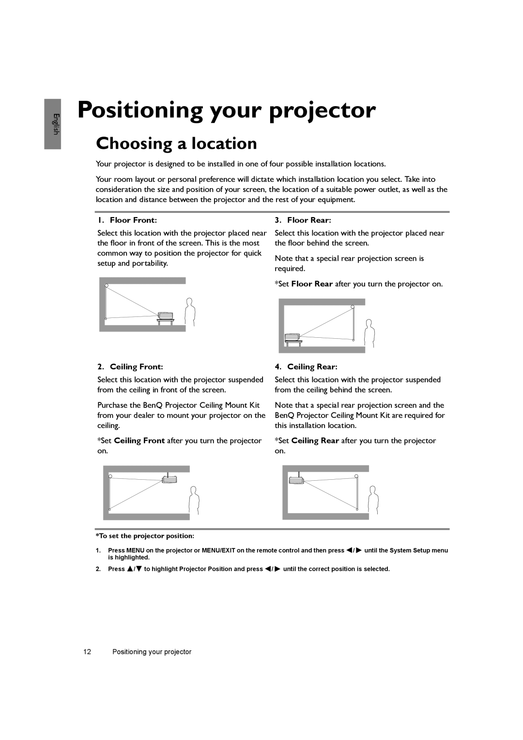 BenQ SH940 user manual Positioning your projector, Choosing a location 