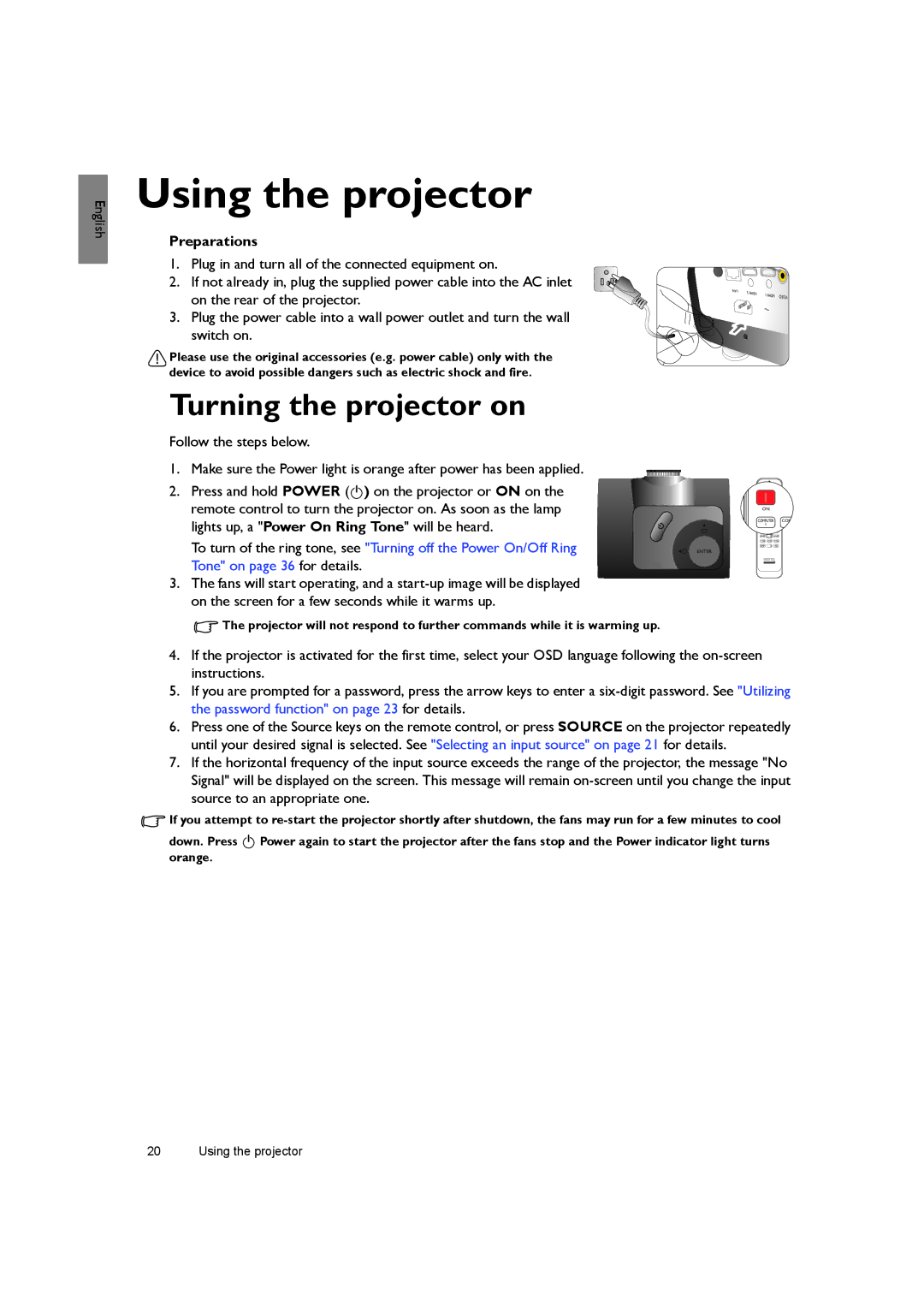 BenQ SH940 user manual Using the projector, Turning the projector on, Preparations 