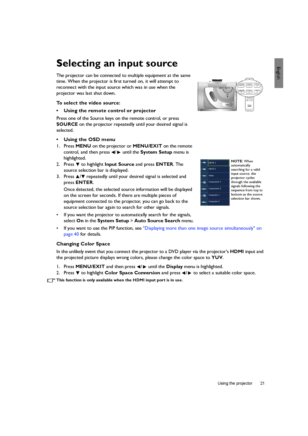 BenQ SH940 user manual Selecting an input source, Using the OSD menu, Changing Color Space 