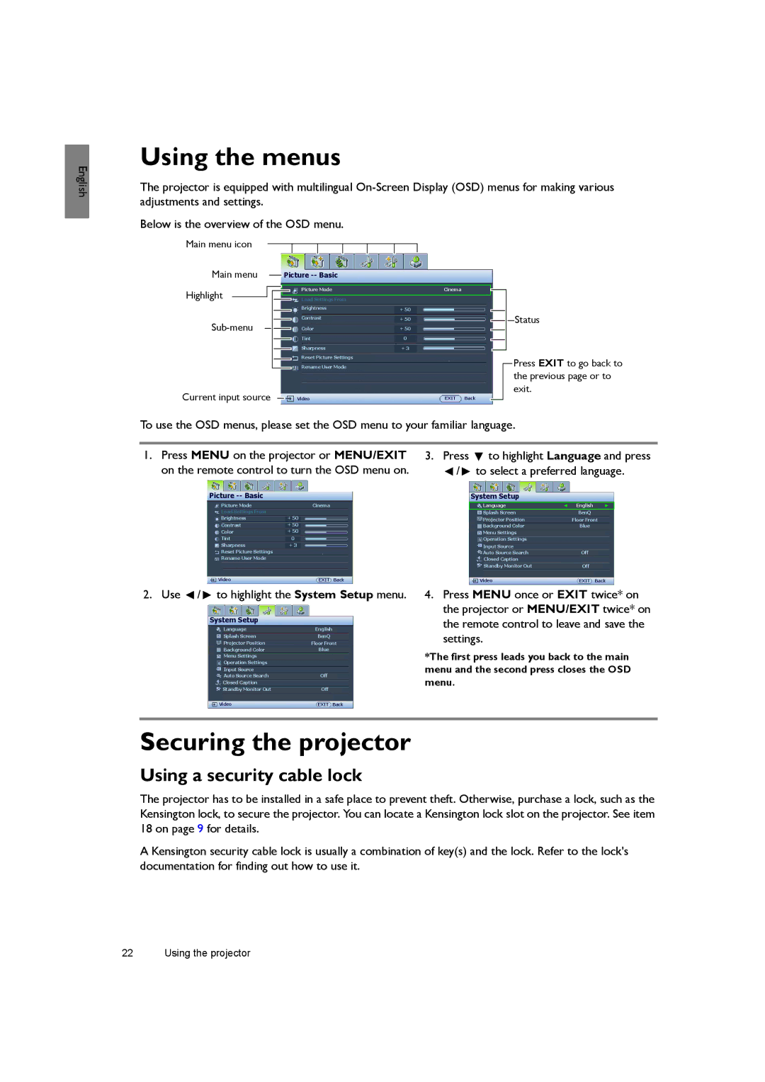 BenQ SH940 user manual Using the menus, Securing the projector, Using a security cable lock 