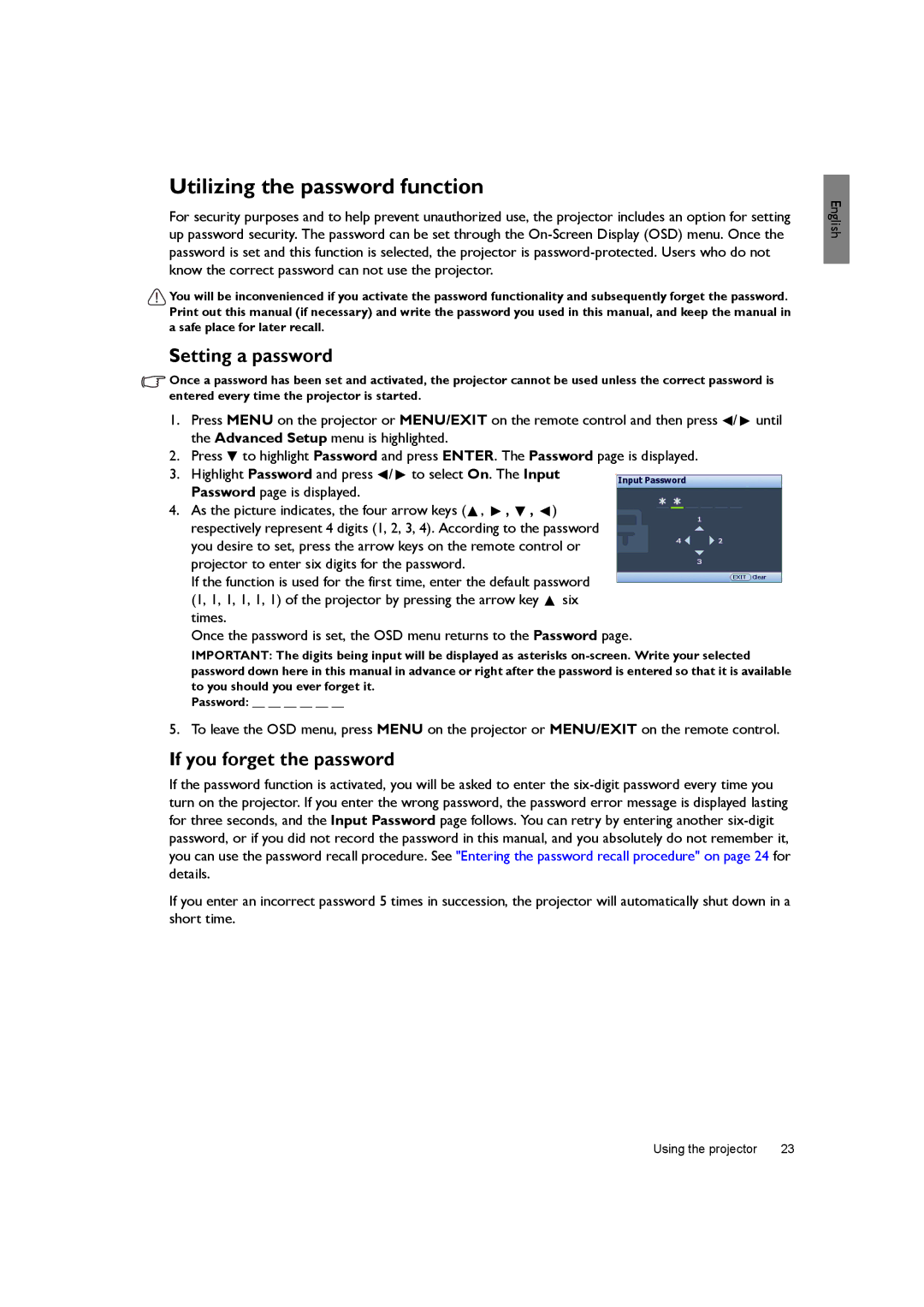 BenQ SH940 user manual Utilizing the password function, Setting a password, If you forget the password 