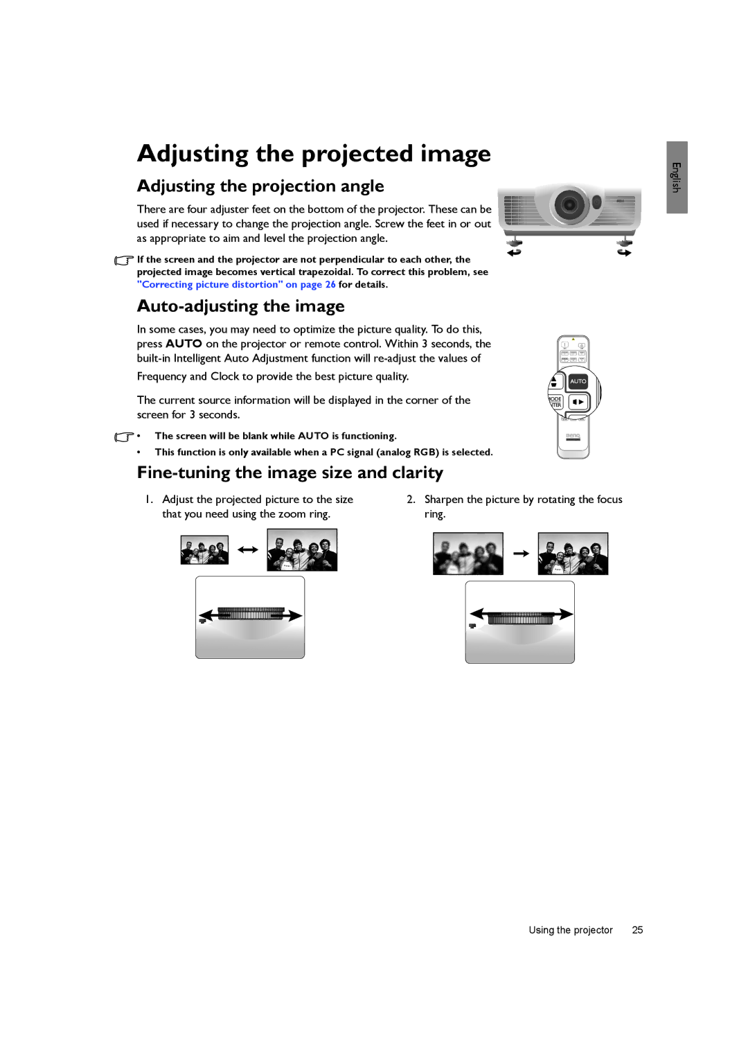 BenQ SH940 user manual Adjusting the projected image, Adjusting the projection angle, Auto-adjusting the image 