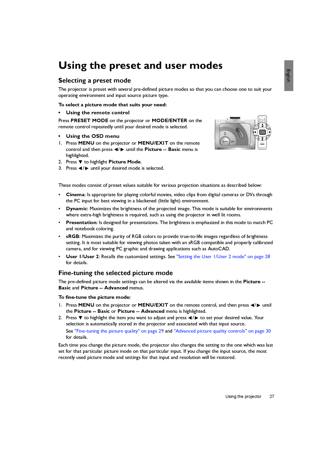 BenQ SH940 user manual Using the preset and user modes, Selecting a preset mode, Fine-tuning the selected picture mode 