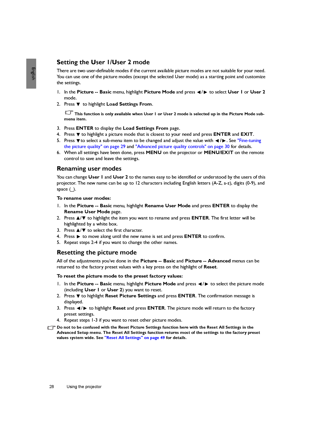 BenQ SH940 user manual Setting the User 1/User 2 mode, Renaming user modes, Resetting the picture mode 