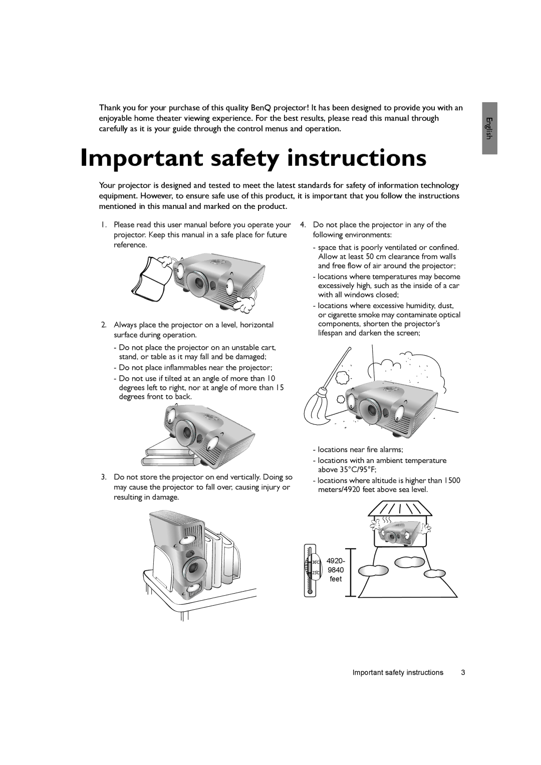 BenQ SH940 user manual Important safety instructions 