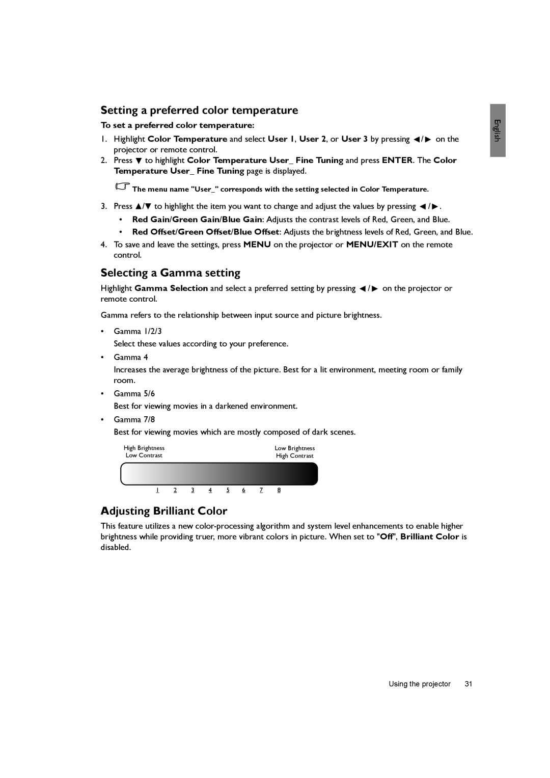 BenQ SH940 user manual Setting a preferred color temperature, Selecting a Gamma setting, Adjusting Brilliant Color 