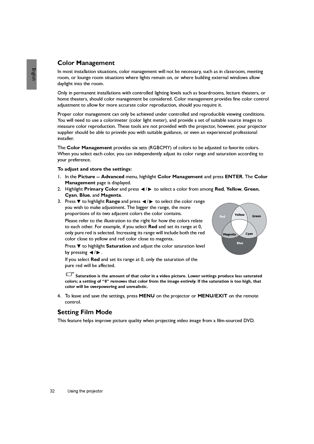 BenQ SH940 user manual Color Management, Setting Film Mode 