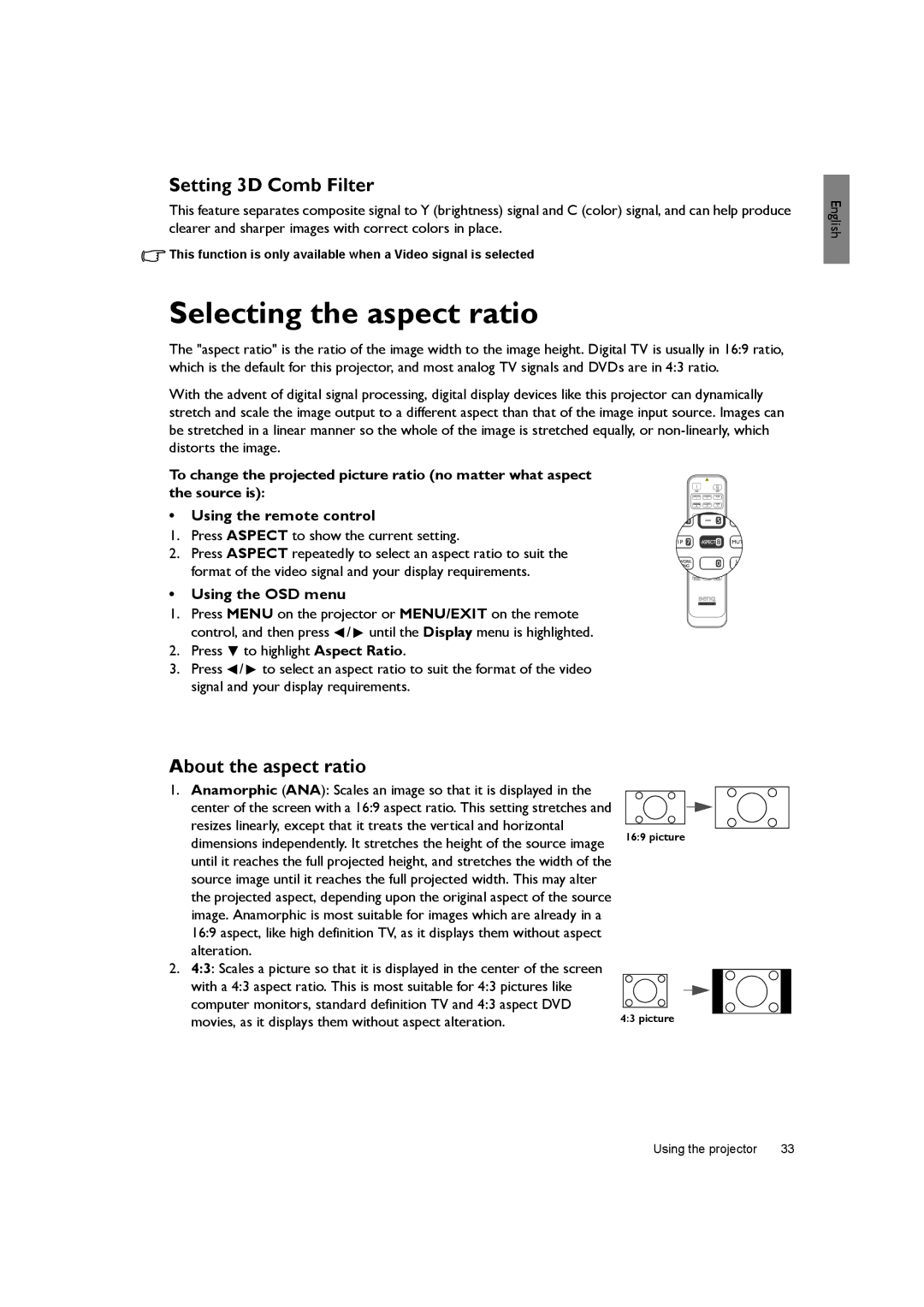 BenQ SH940 user manual Selecting the aspect ratio, Setting 3D Comb Filter, About the aspect ratio 