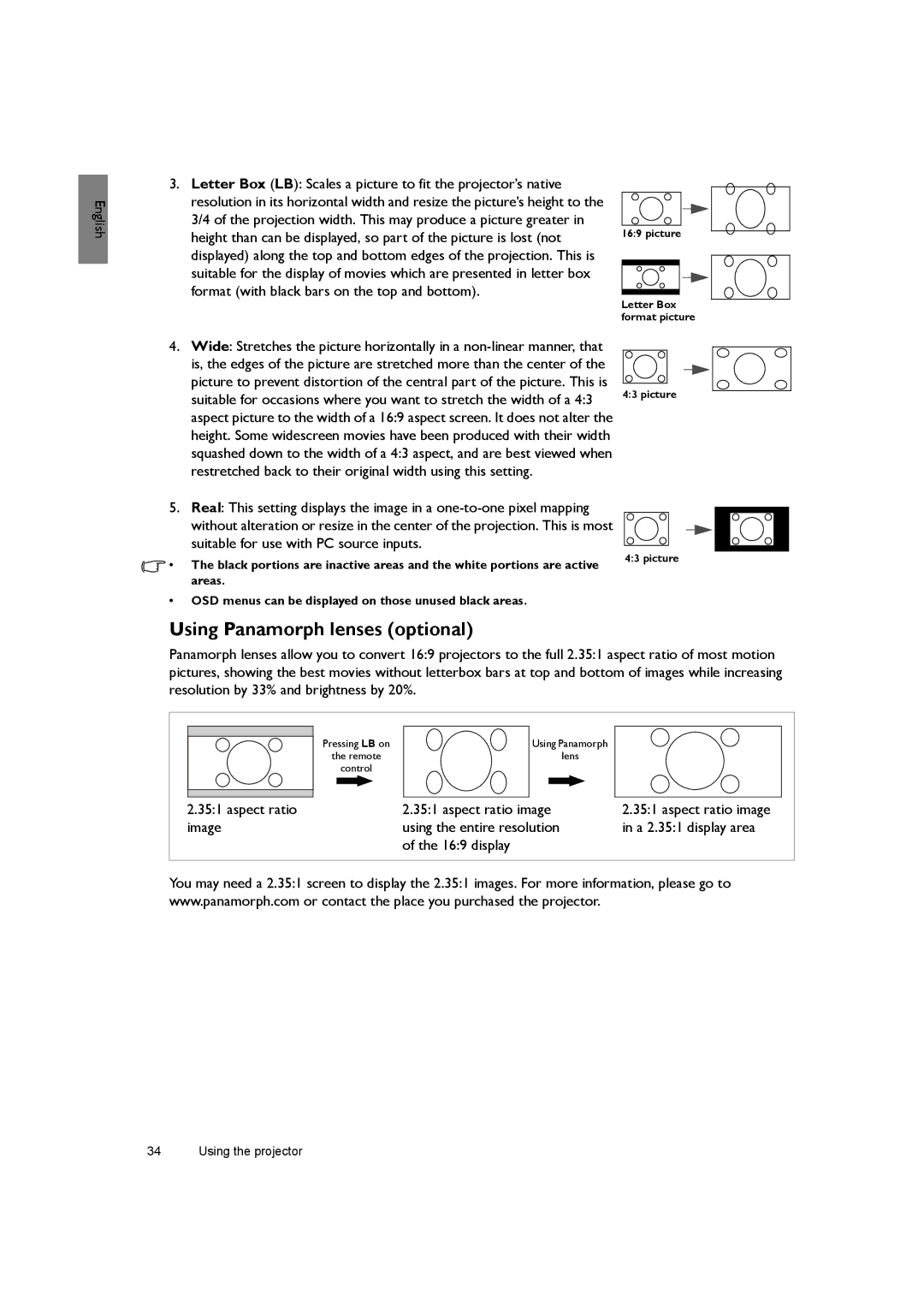 BenQ SH940 user manual Using Panamorph lenses optional 