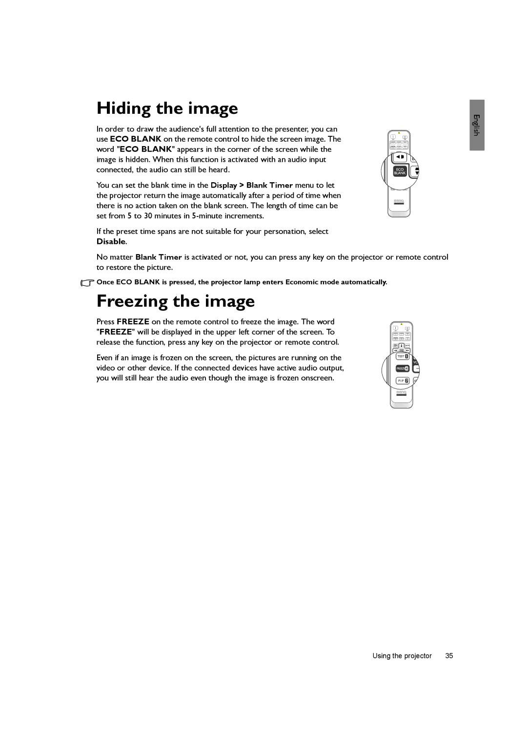 BenQ SH940 user manual Hiding the image, Freezing the image 