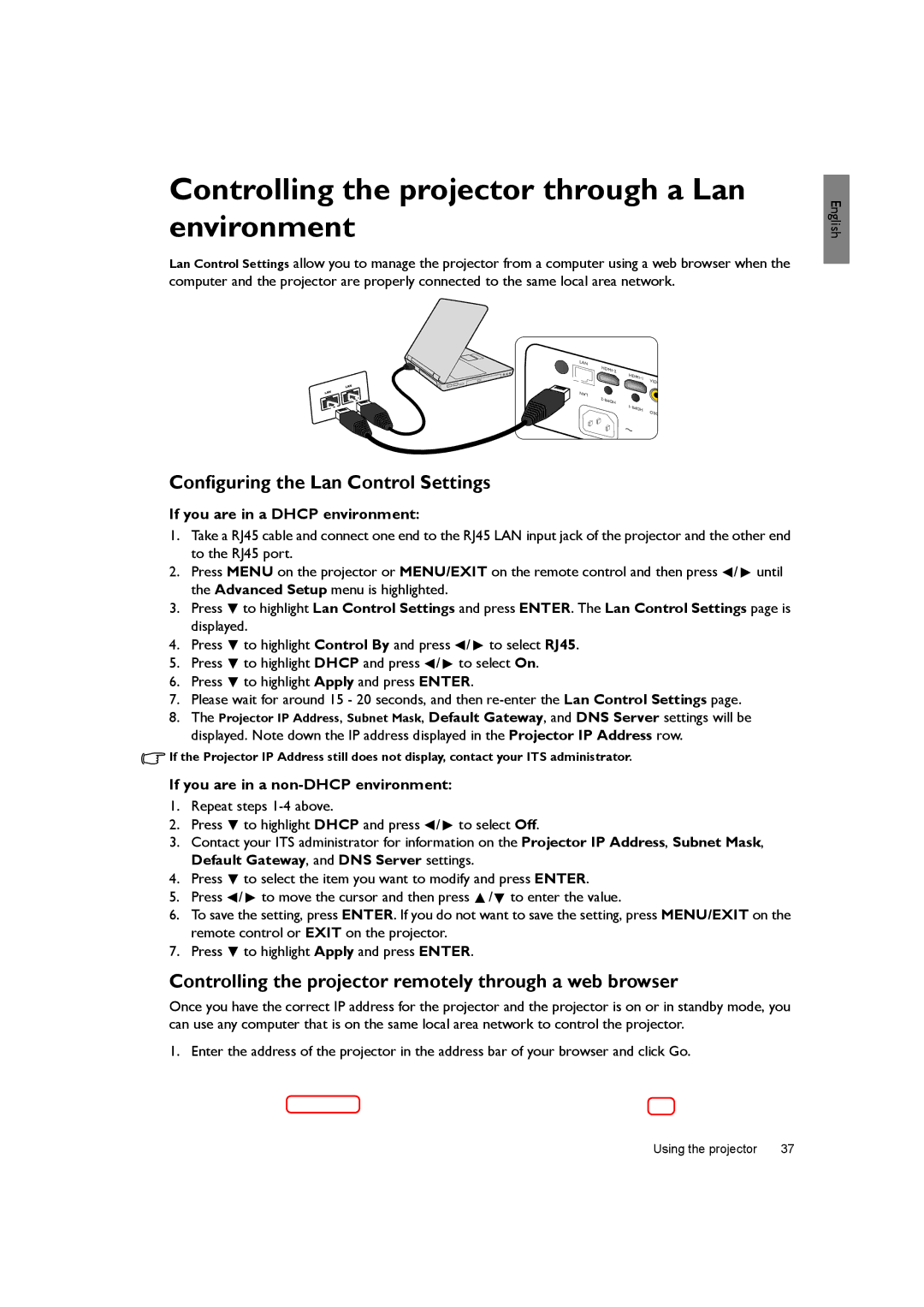 BenQ SH940 user manual Controlling the projector through a Lan environment, Configuring the Lan Control Settings 