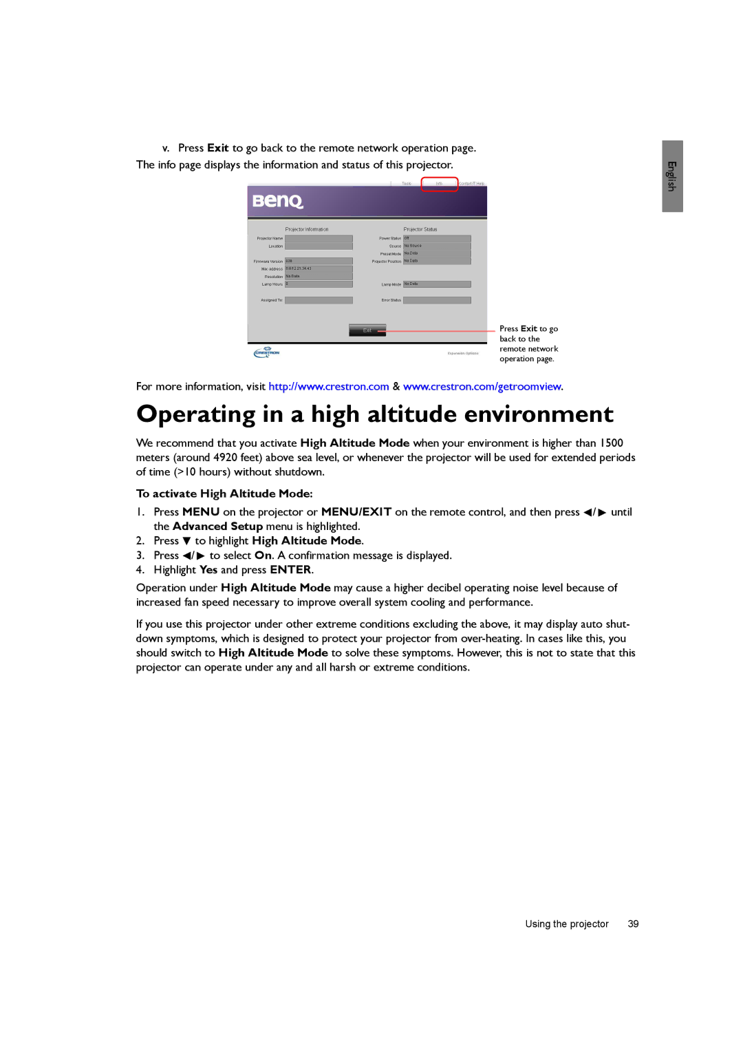 BenQ SH940 user manual Operating in a high altitude environment, To activate High Altitude Mode 