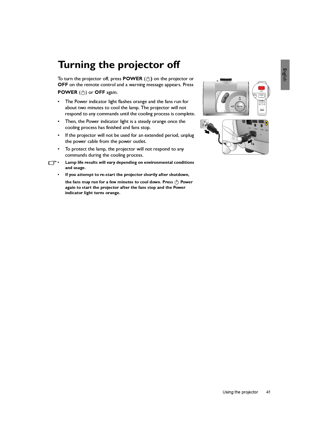 BenQ SH940 user manual Turning the projector off, Power II or OFF again 