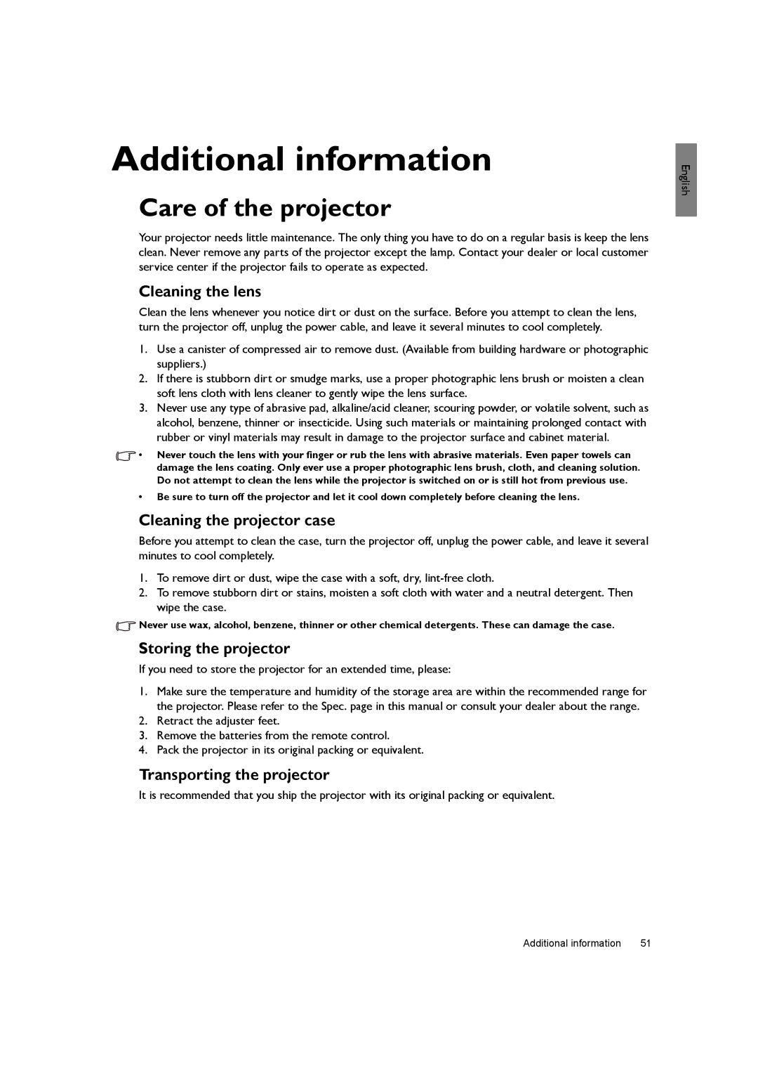 BenQ SH940 user manual Additional information, Care of the projector 