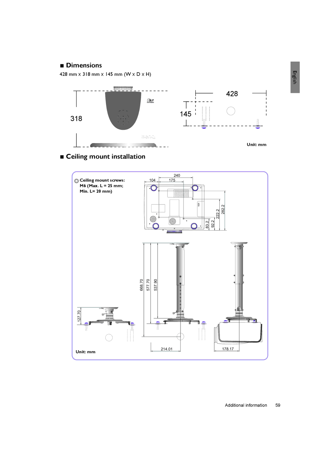 BenQ SH940 user manual Dimensions, Ceiling mount installation 