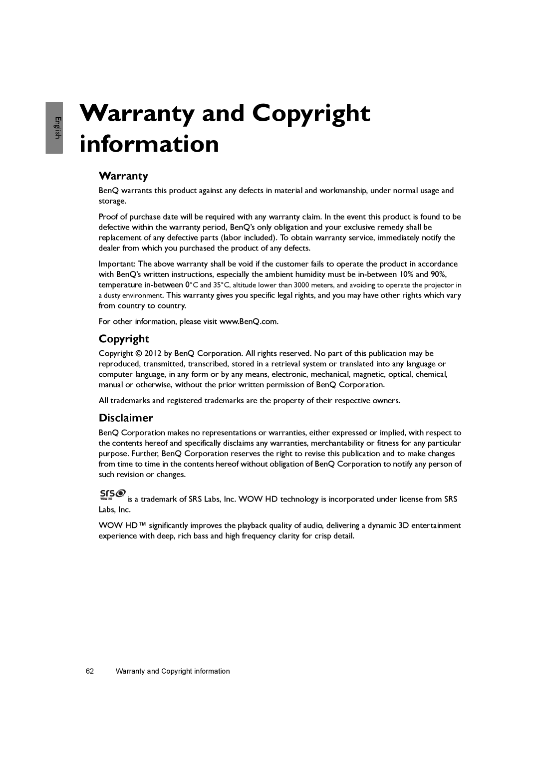 BenQ SH940 user manual Warranty and Copyright information, Disclaimer 