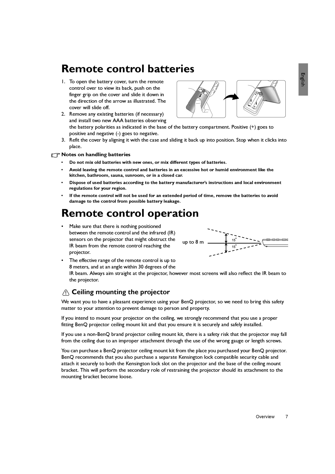 BenQ SH940 user manual Remote control batteries, Remote control operation, Ceiling mounting the projector 